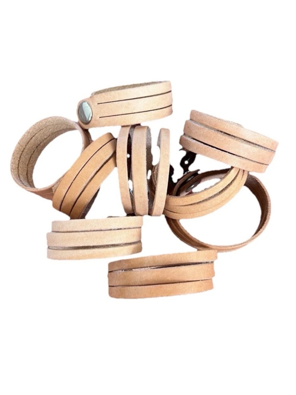 8 Boho Western Festival Bracelets Handcrafted Tan Leather Cuffs w Silver Snap